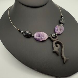 Unique Genuine Amethyst and Tourmaline Stone Beaded Tribal Pendant Necklace